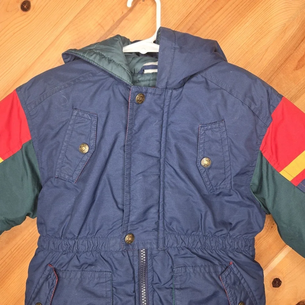 Vtg‎ Youth Color Block Hooded Winter Coat Jacket Sz 5-6 Zip/Snap Red Blue Green